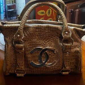 Gold Crocodile Embossed Handbag